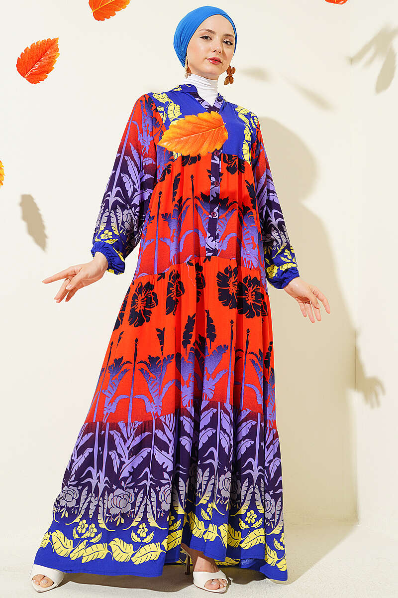 Tropical Print Half-Button Dress - Saxe Blue