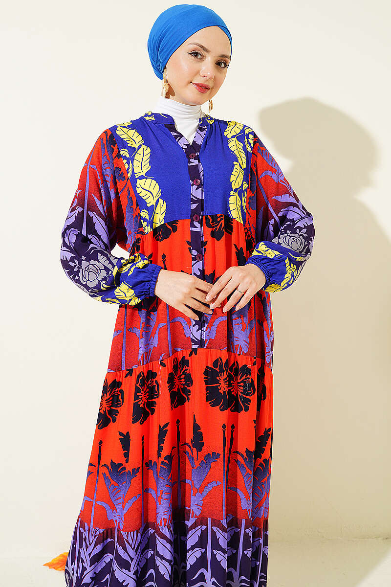 Tropical Print Half-Button Dress - Saxe Blue