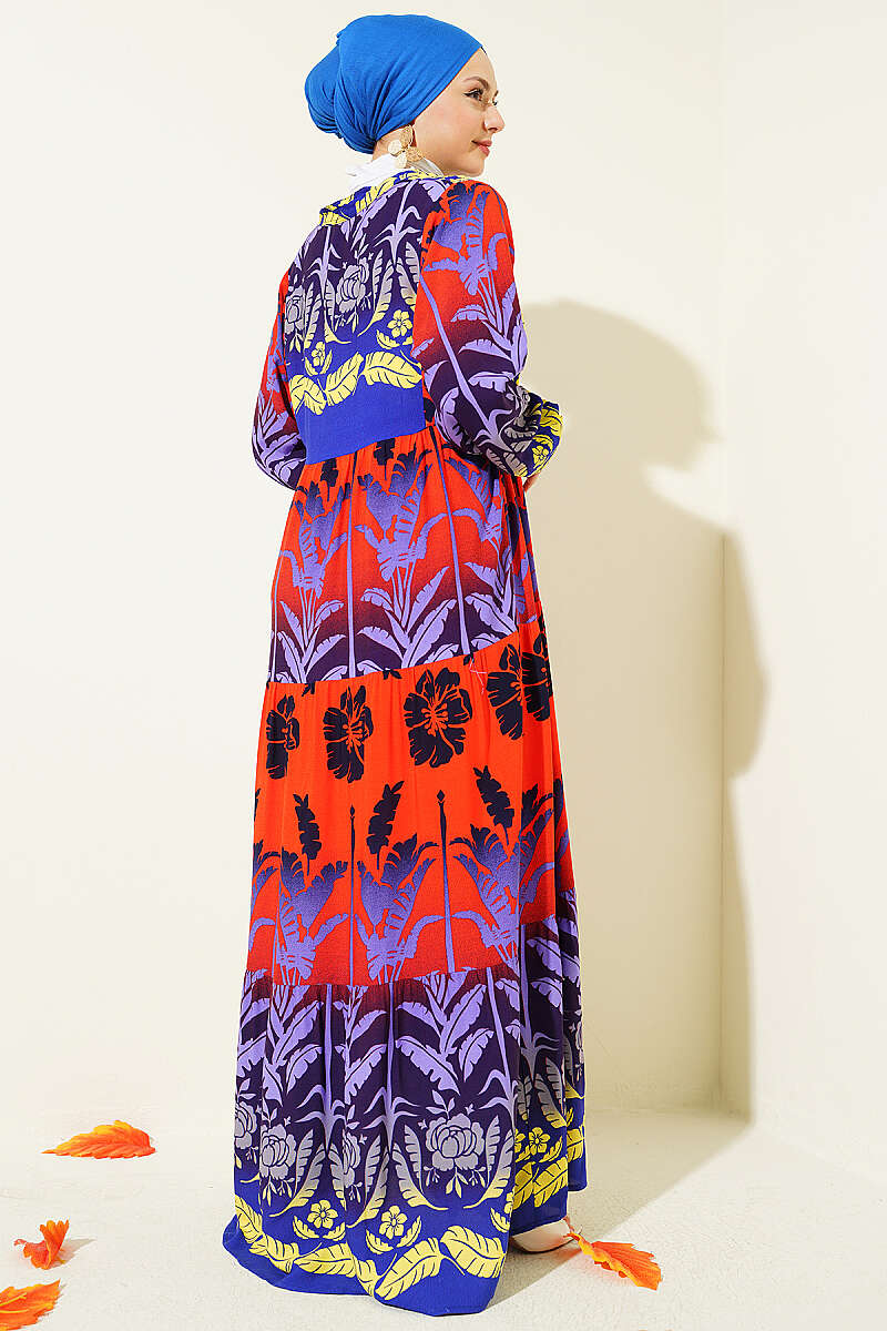 Tropical Print Half-Button Dress - Saxe Blue