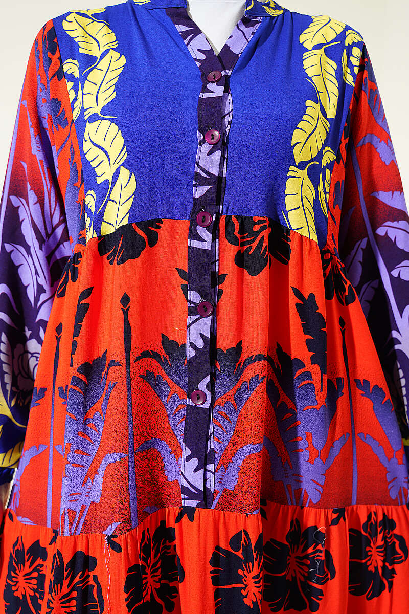 Tropical Print Half-Button Dress - Saxe Blue