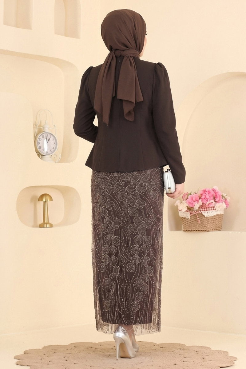 Beaded Tulle and Crepe Evening Dress - Dark Brown