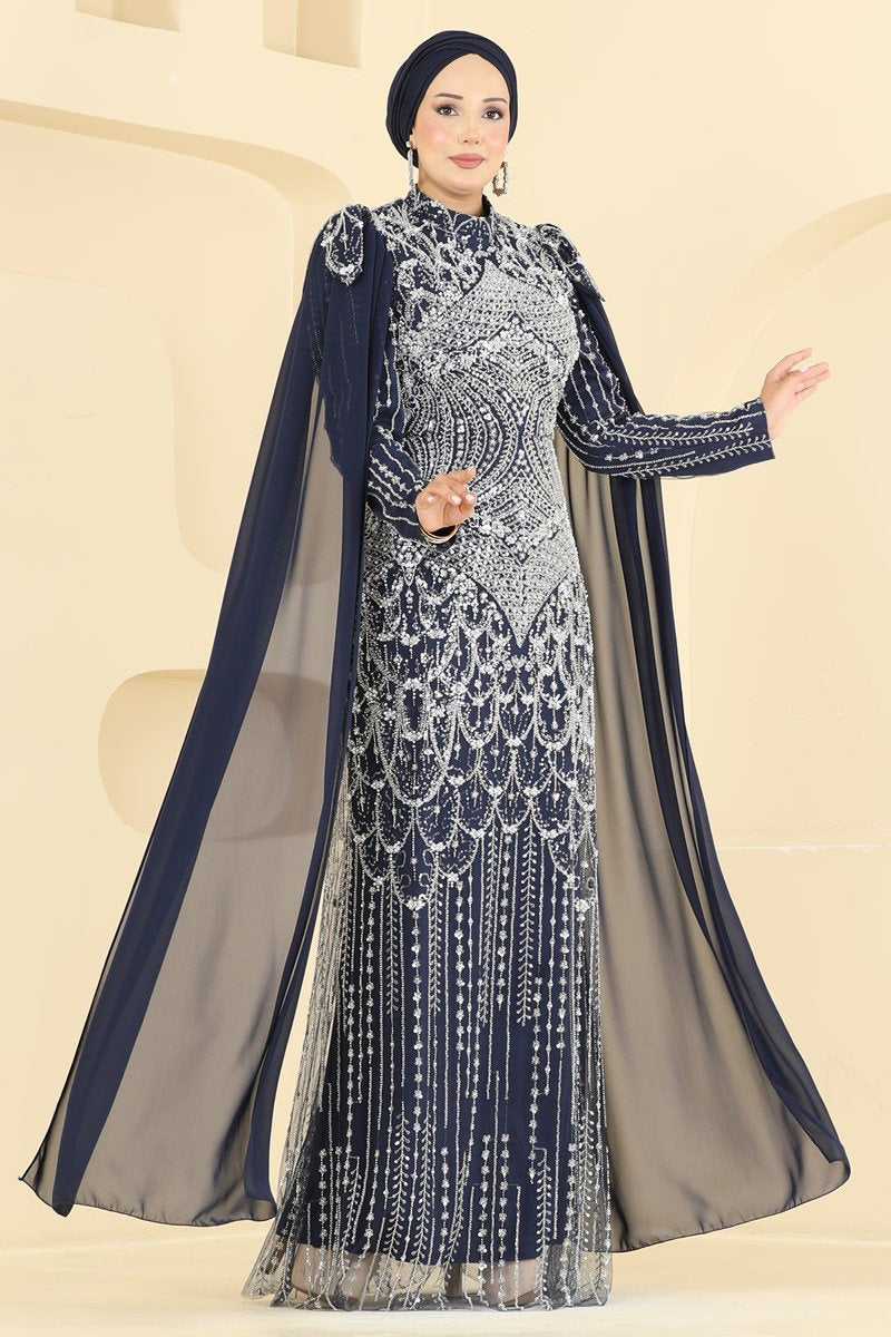 Beaded Tulle Evening Dress - Navy