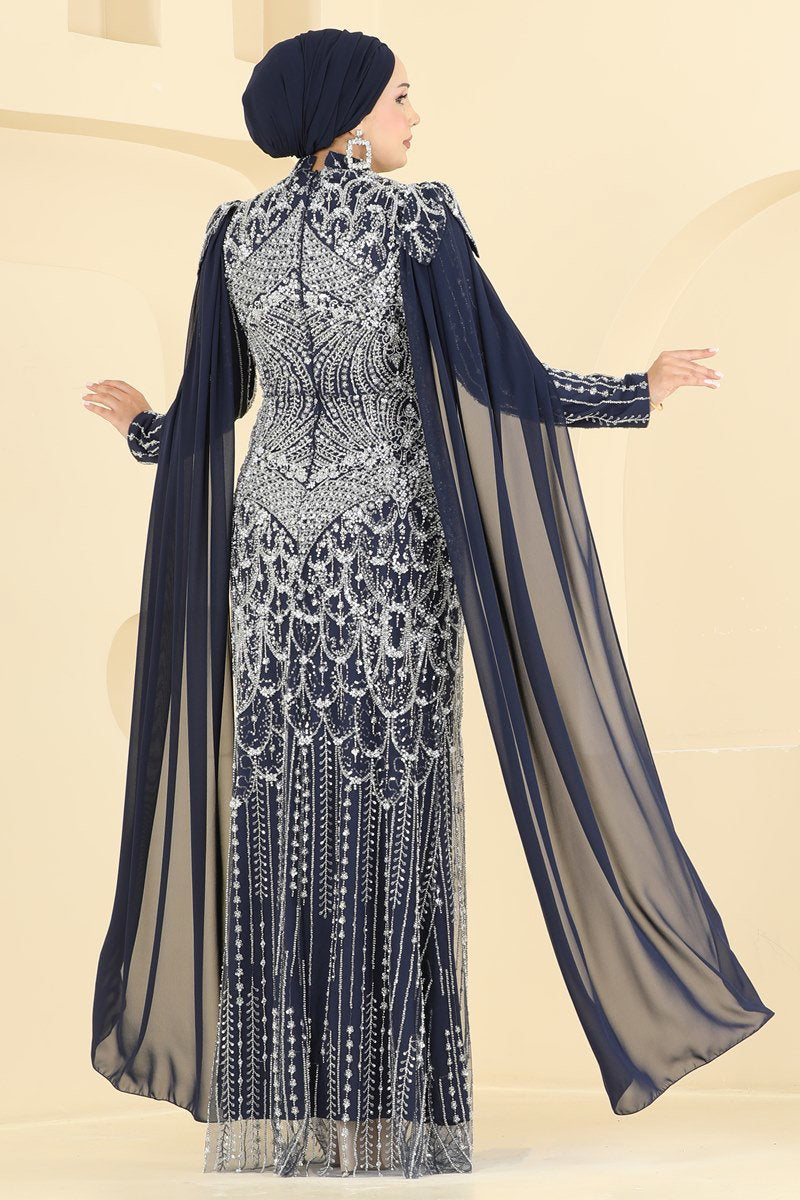Beaded Tulle Evening Dress - Navy