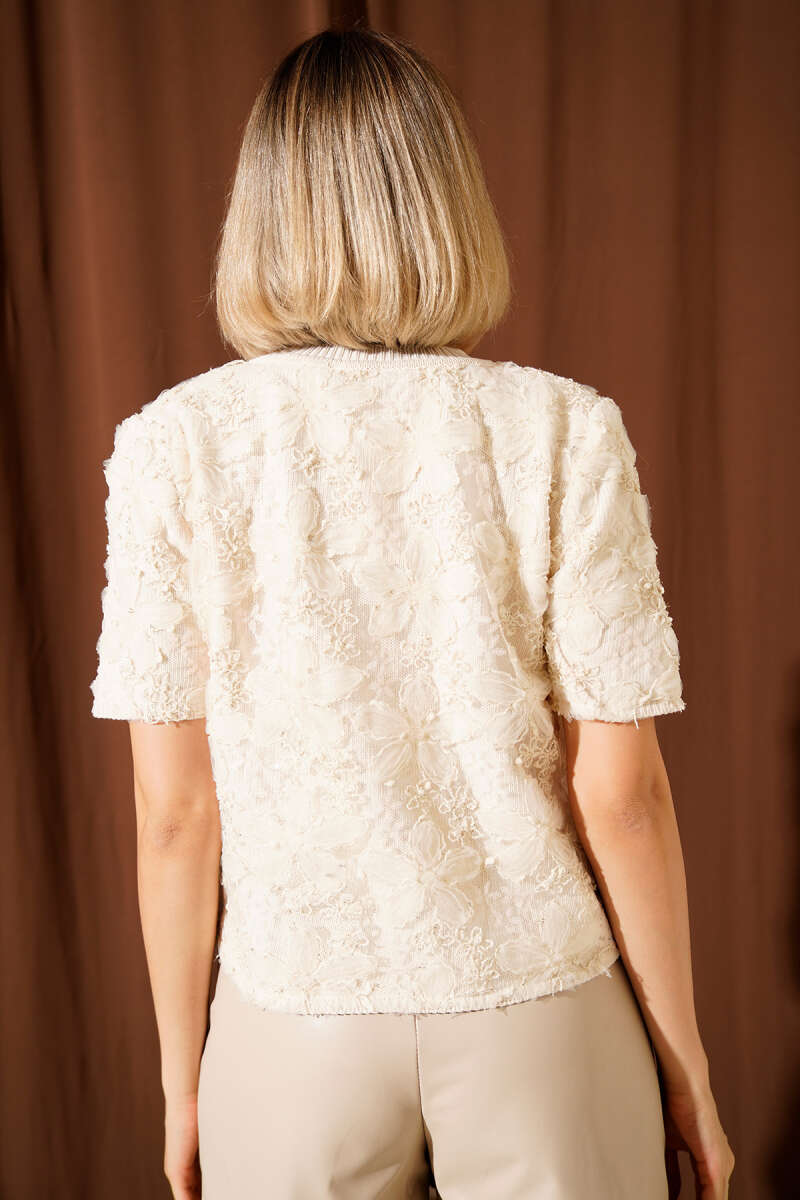 Short Knit Button Cardigan with Tulle Flowers - Beige