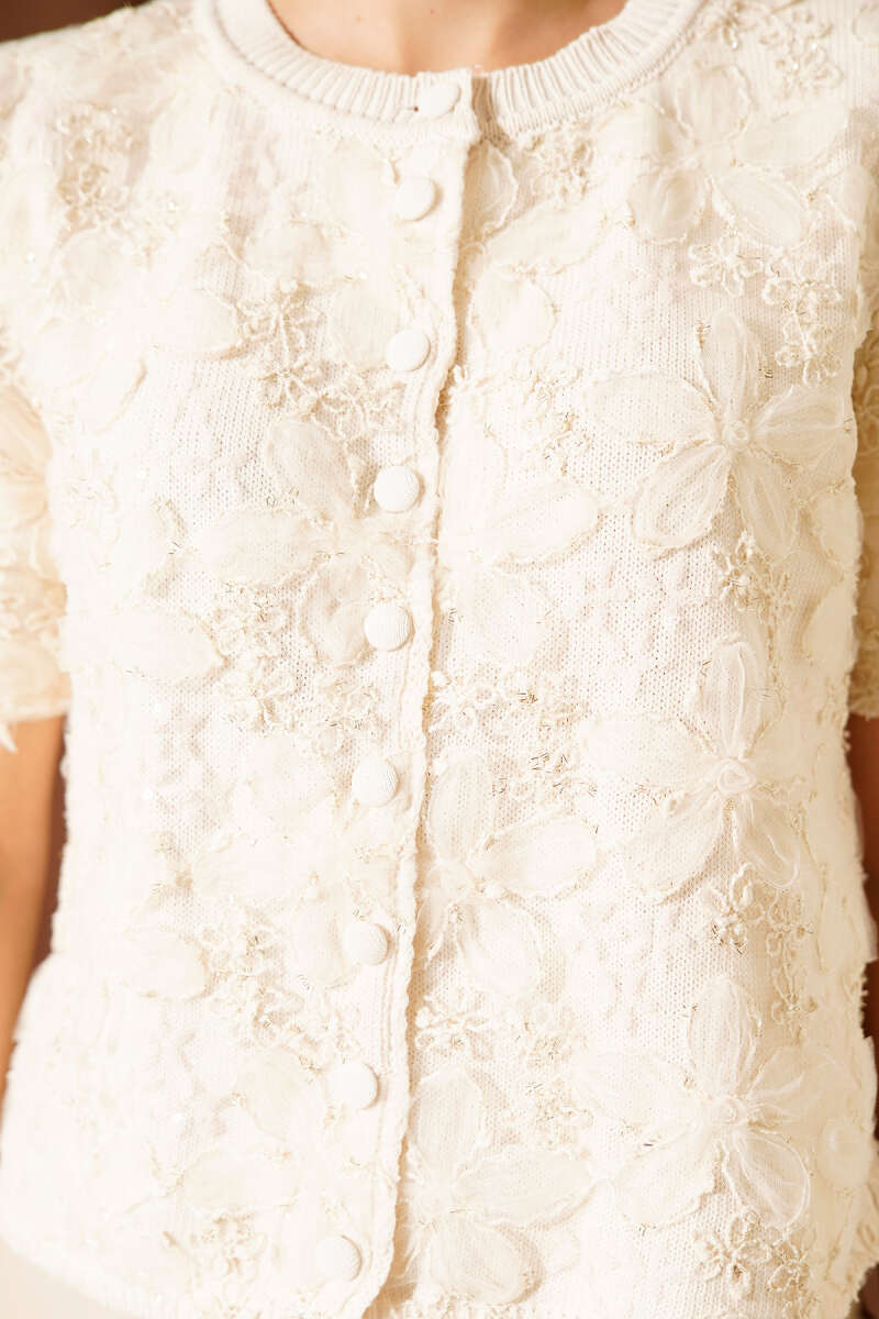 Short Knit Button Cardigan with Tulle Flowers - Beige