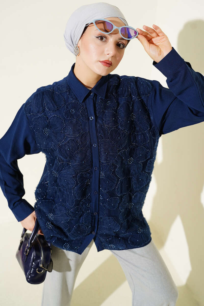 Stone-Embellished Shirt with Tulle Flowers - Navy