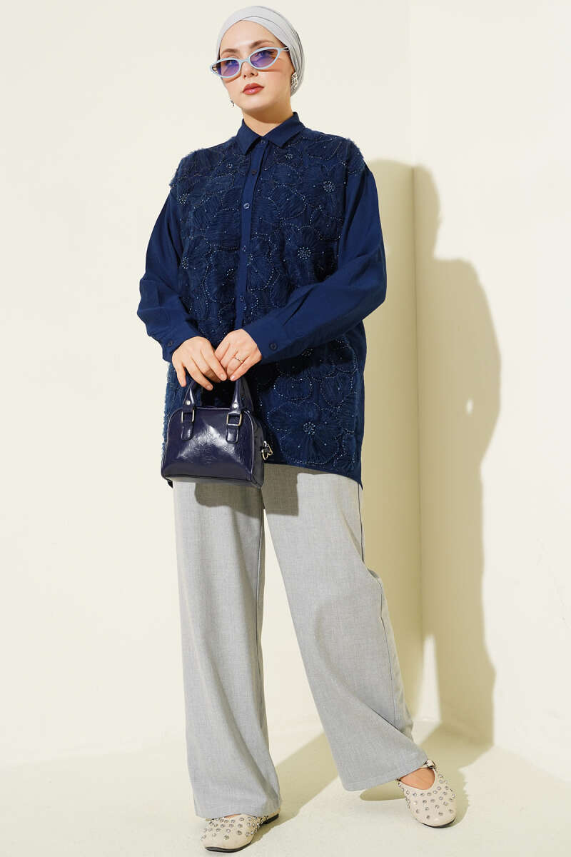 Stone-Embellished Shirt with Tulle Flowers - Navy