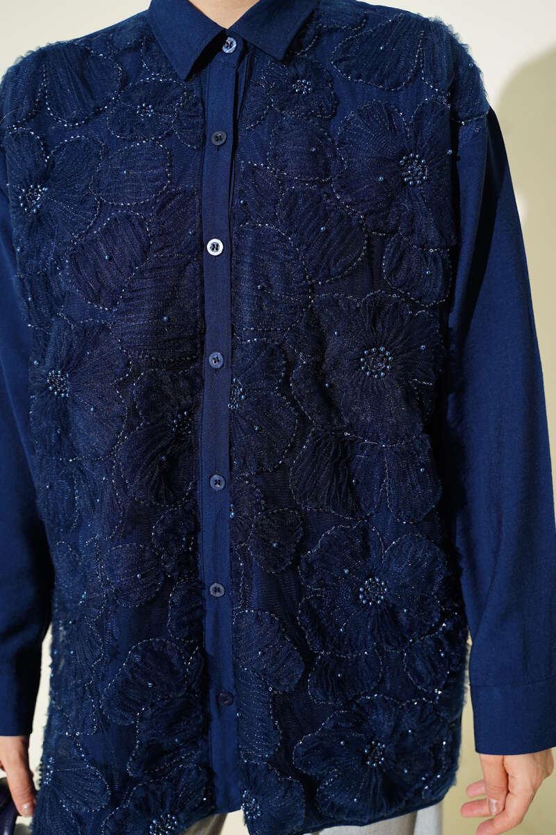 Stone-Embellished Shirt with Tulle Flowers - Navy