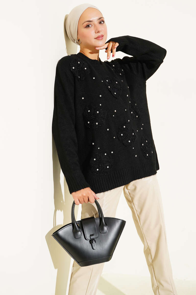 Knit Tunic with Tulle Flowers and Stones - Black