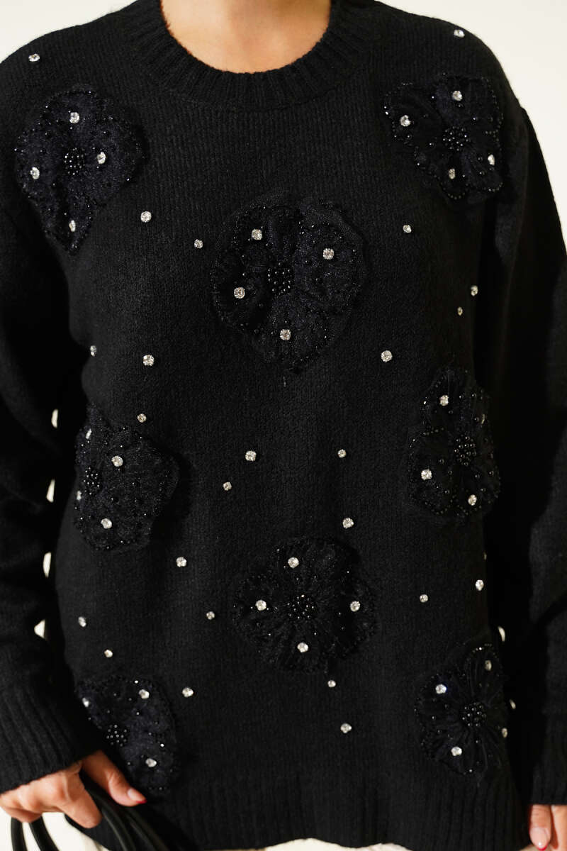 Knit Tunic with Tulle Flowers and Stones - Black