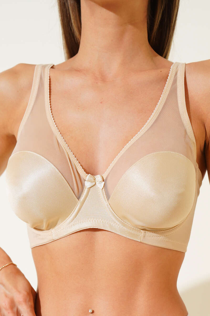 Unpadded Shaping Bra with Tulle Detail - Nude