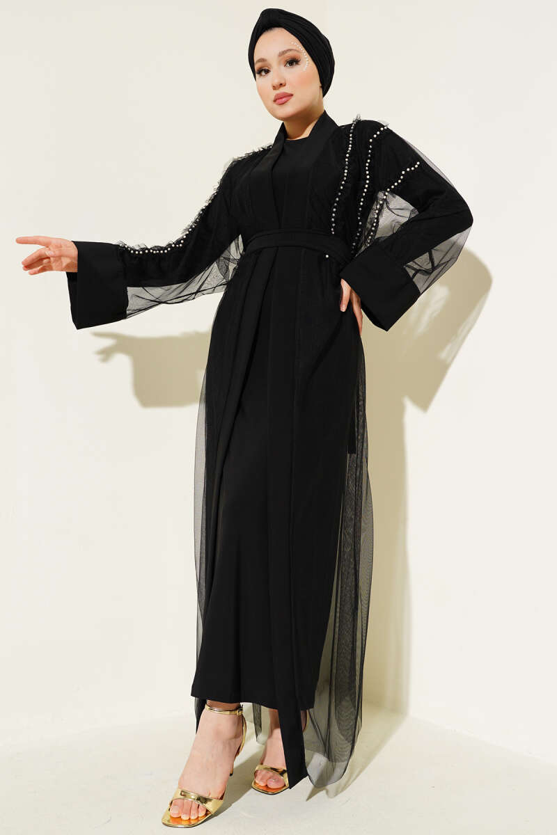 Abaya with Pearl Tulle Detail - Black