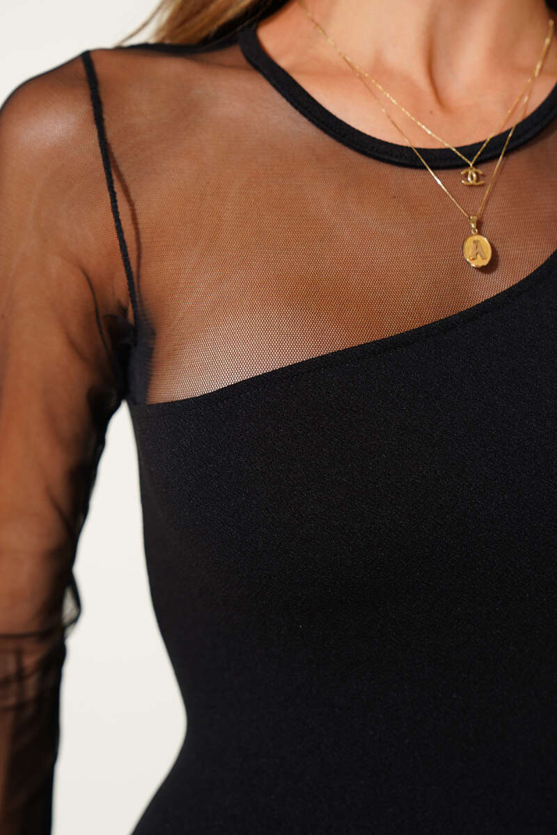 Midi Dress with Tulle Sleeves - Black