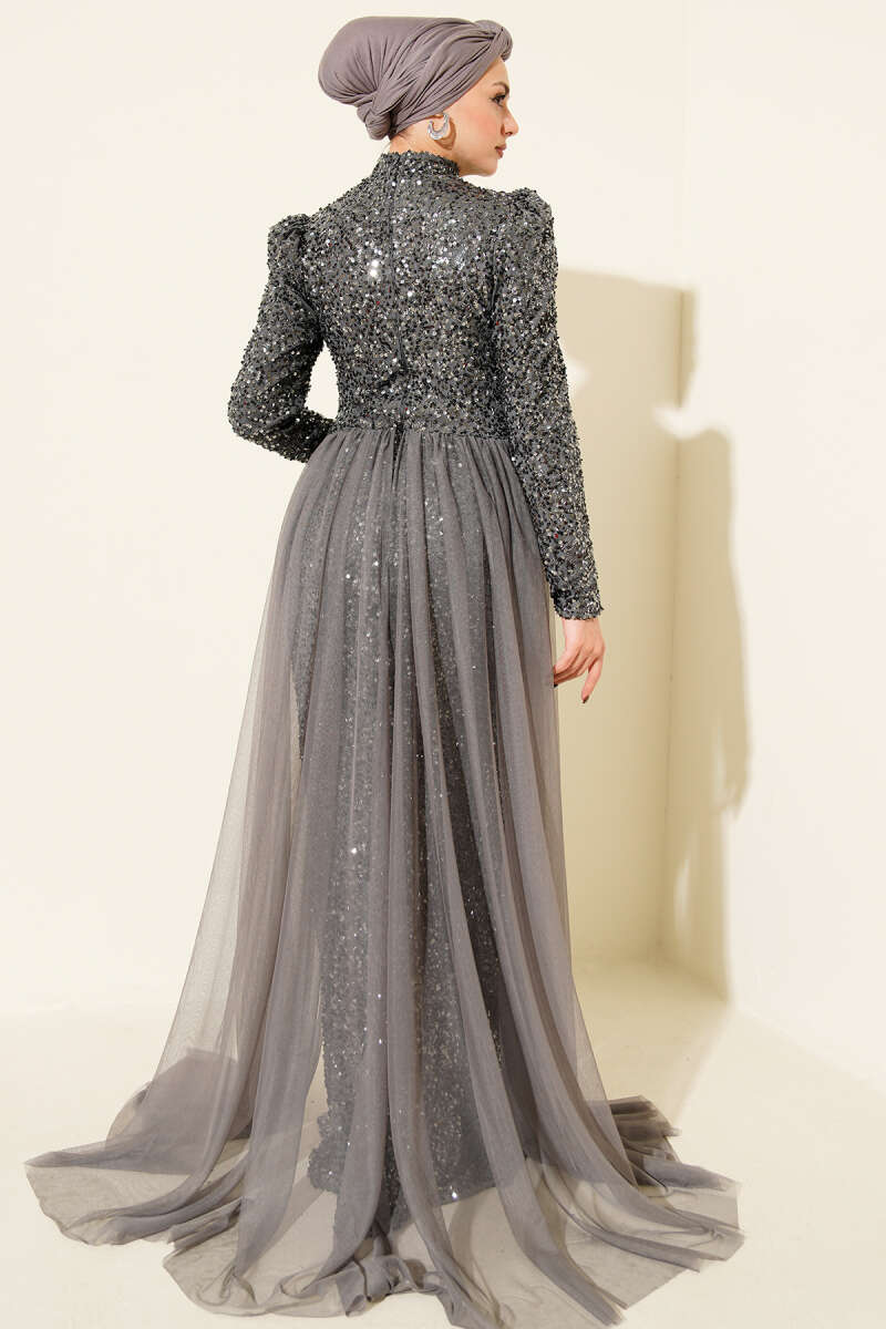Sequin Evening Dress with Tulle Cape - Charcoal