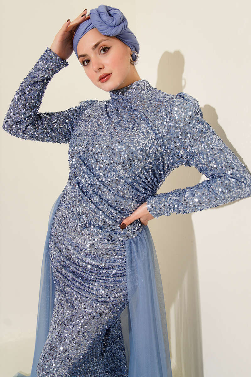Sequin Evening Dress with Tulle Cape - Light Blue