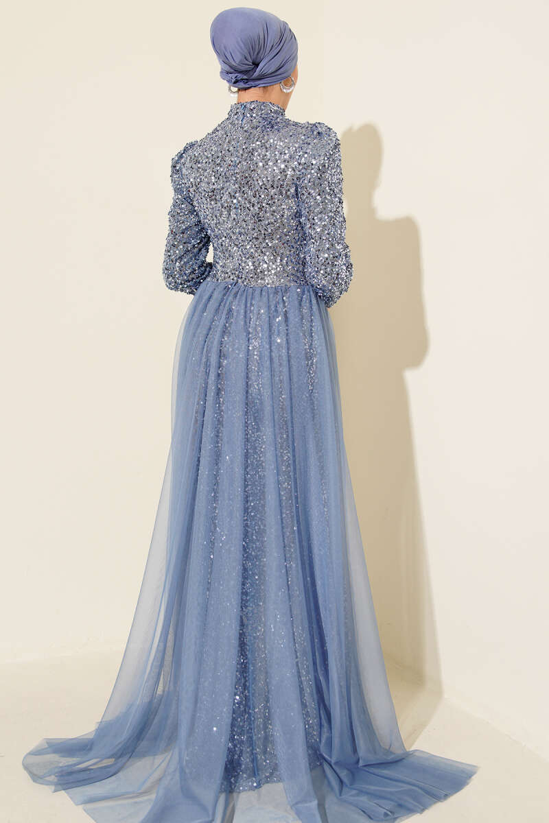 Sequin Evening Dress with Tulle Cape - Light Blue