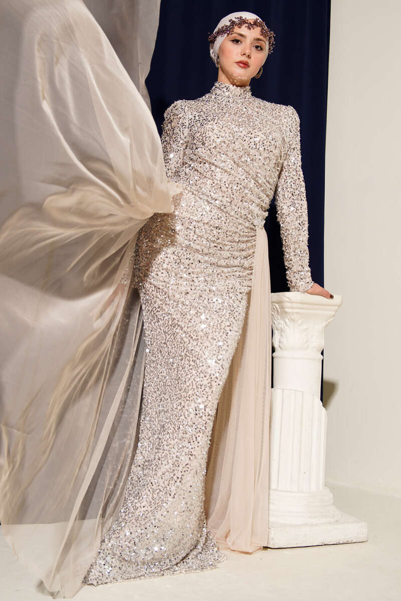 Sequin Evening Dress with Tulle Cape - Beige