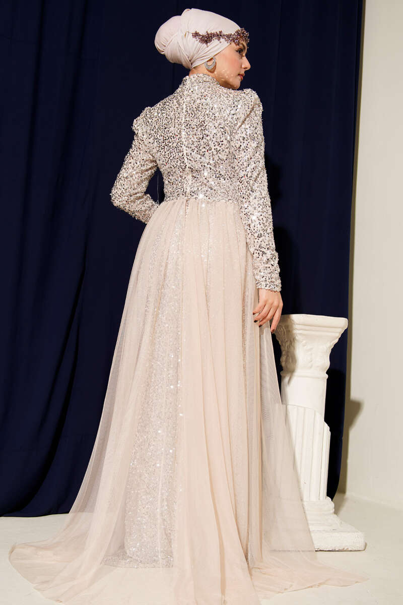 Sequin Evening Dress with Tulle Cape - Beige