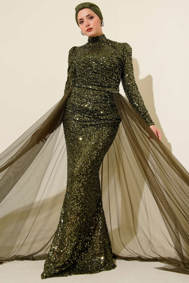Sequin Evening Dress with Tulle Cape - Khaki