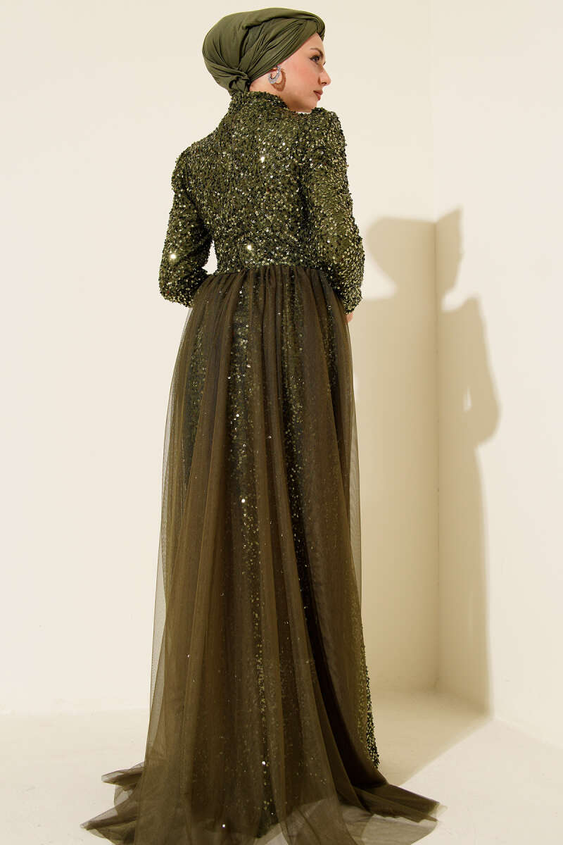 Sequin Evening Dress with Tulle Cape - Khaki
