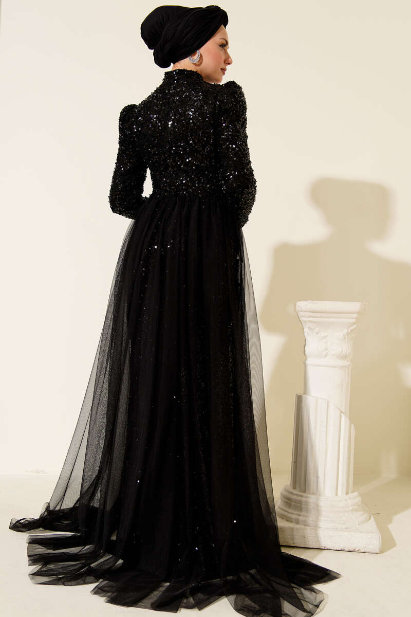 Sequin Evening Dress with Tulle Cape - Black