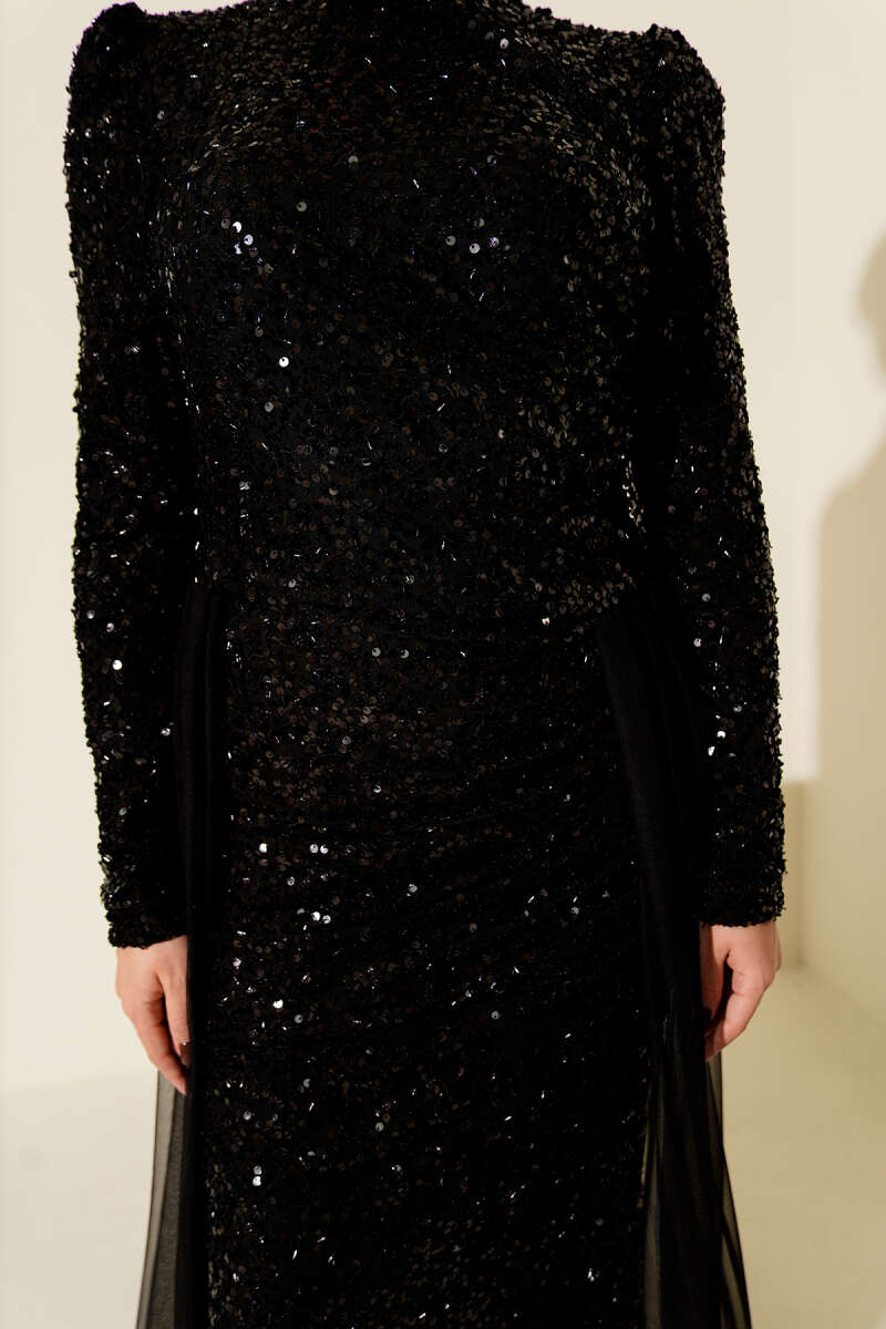 Sequin Evening Dress with Tulle Cape - Black