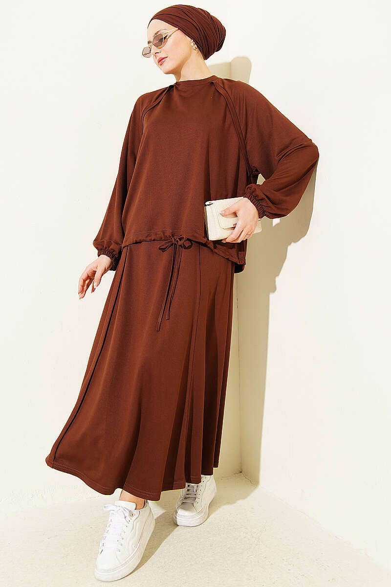 Loycha Skirt Set with Drawstring Ties - Brown