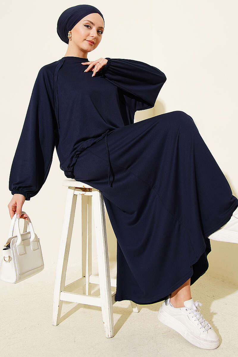 Loycha Skirt Set with Drawstring Ties - Navy