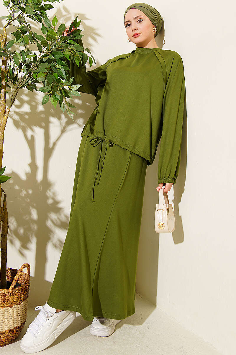 Loycha Skirt Set with Drawstring Ties - Green