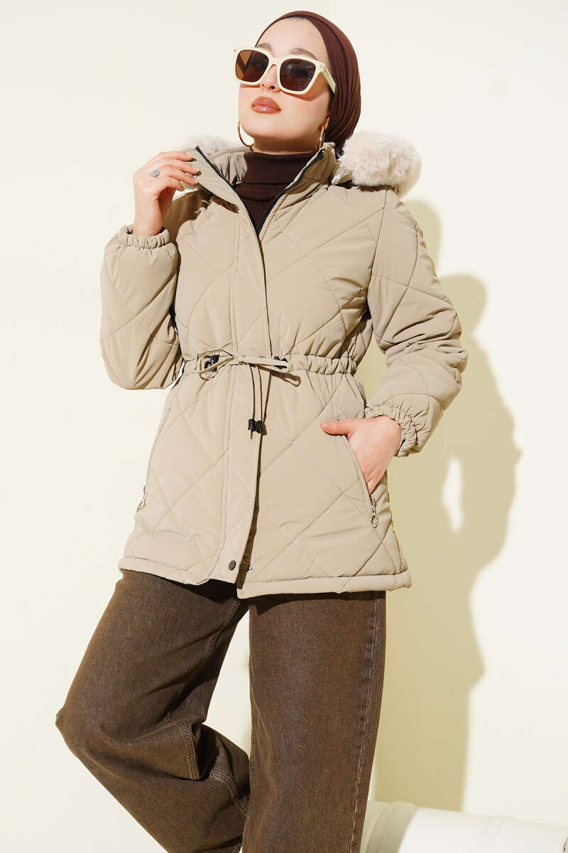 Short Hooded Quilted Coat with Drawstring - Beige
