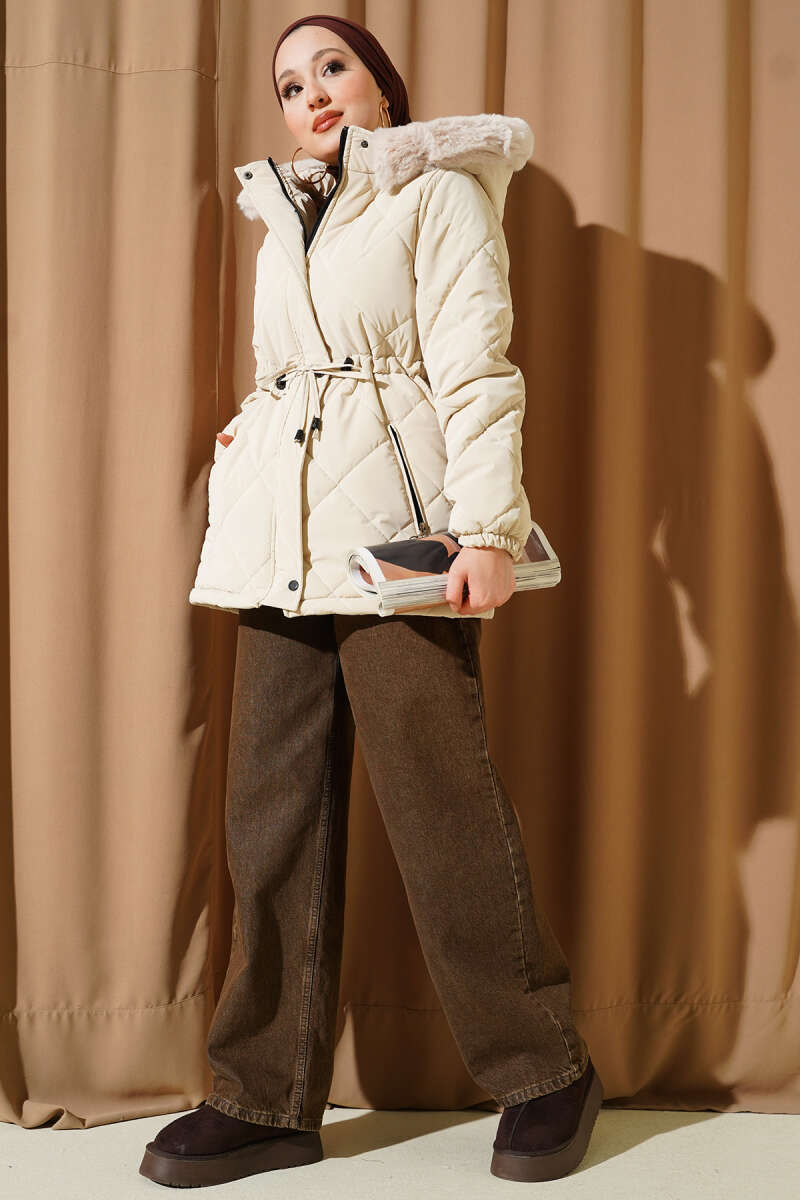 Short Hooded Quilted Coat with Drawstring - Stone