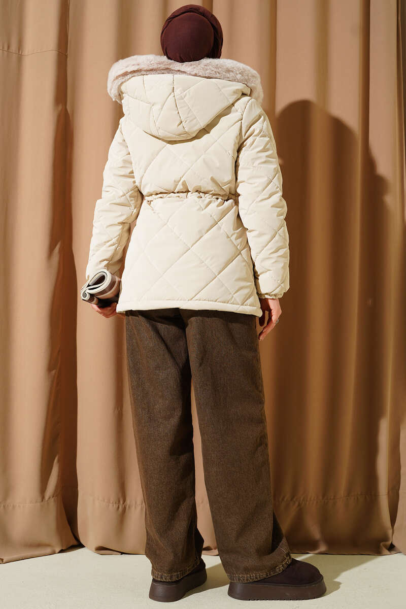 Short Hooded Quilted Coat with Drawstring - Stone