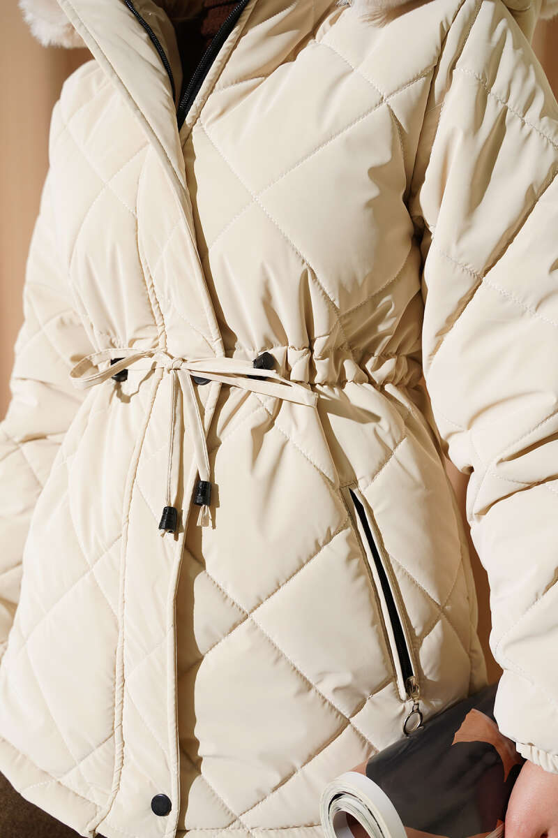 Short Hooded Quilted Coat with Drawstring - Stone