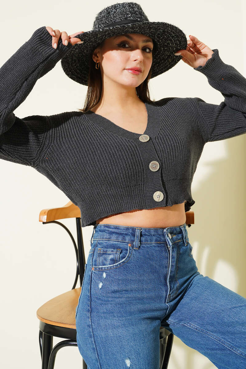Three-Button Knit Crop Cardigan - Smoke Grey