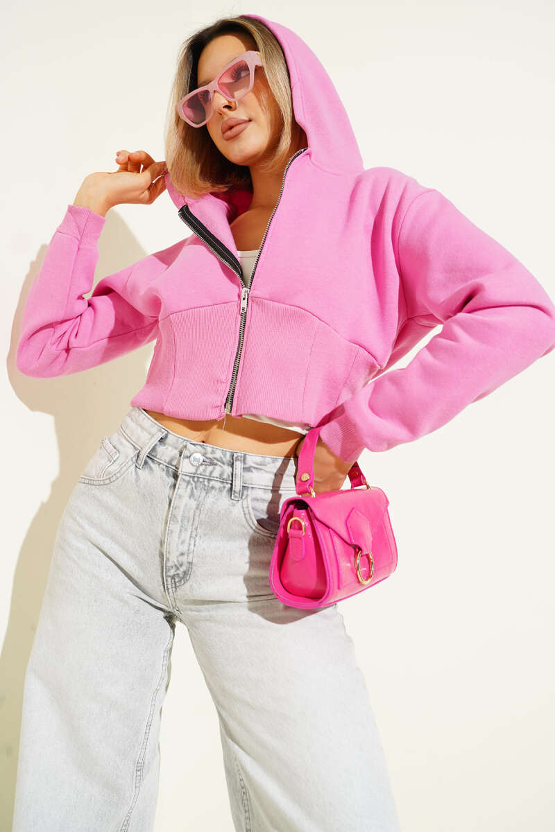 Three-Thread Hooded Crop Cardigan - Fuchsia