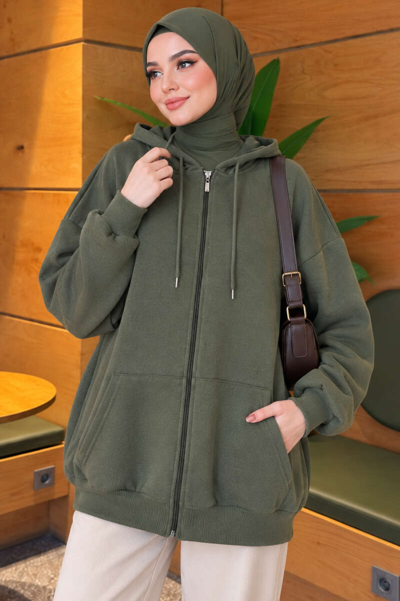Hooded Zip-Up Fleece-Back Cardigan - Khaki