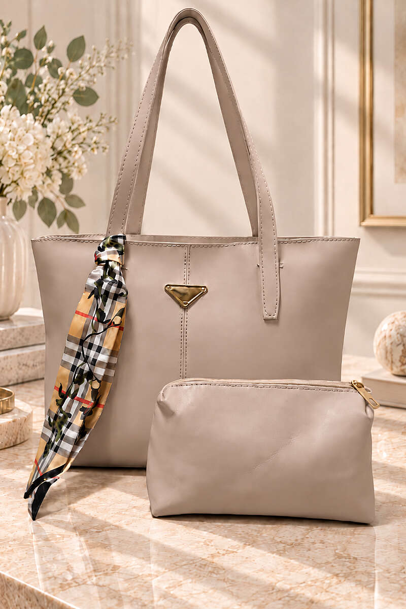 Shoulder Bag with Triangle Accessory and Makeup Pouch - Beige