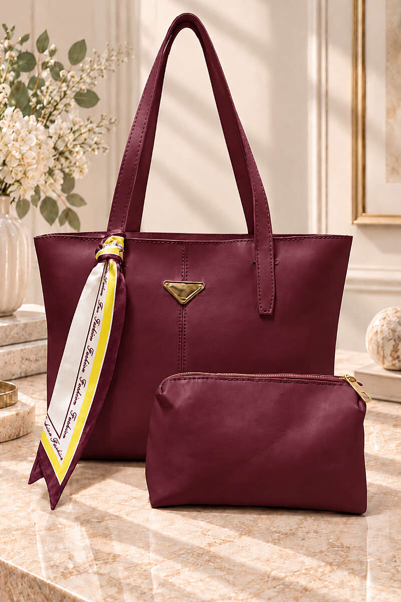 Shoulder Bag with Triangle Accessory and Makeup Pouch - Burgundy
