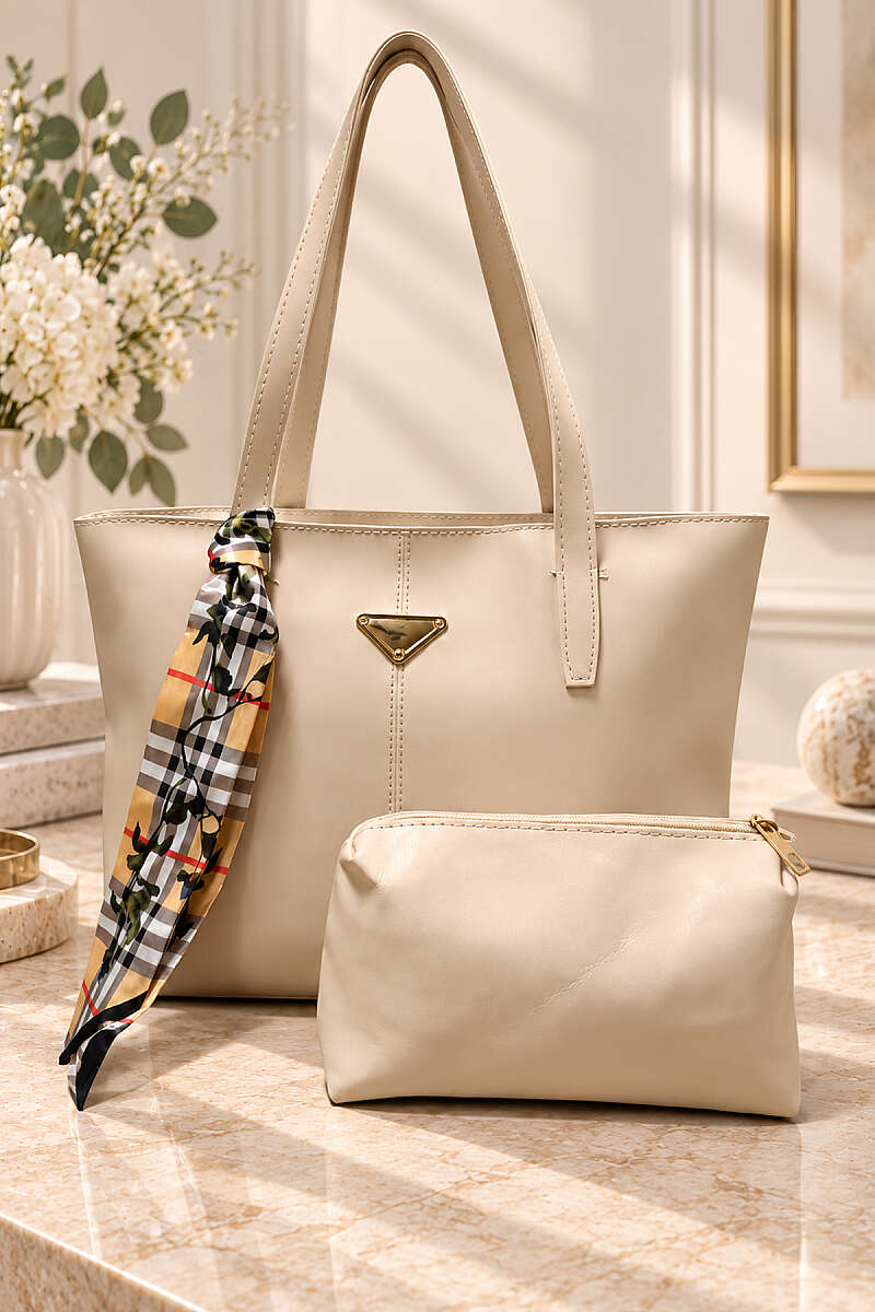 Shoulder Bag with Triangle Accessory and Makeup Pouch - Bone