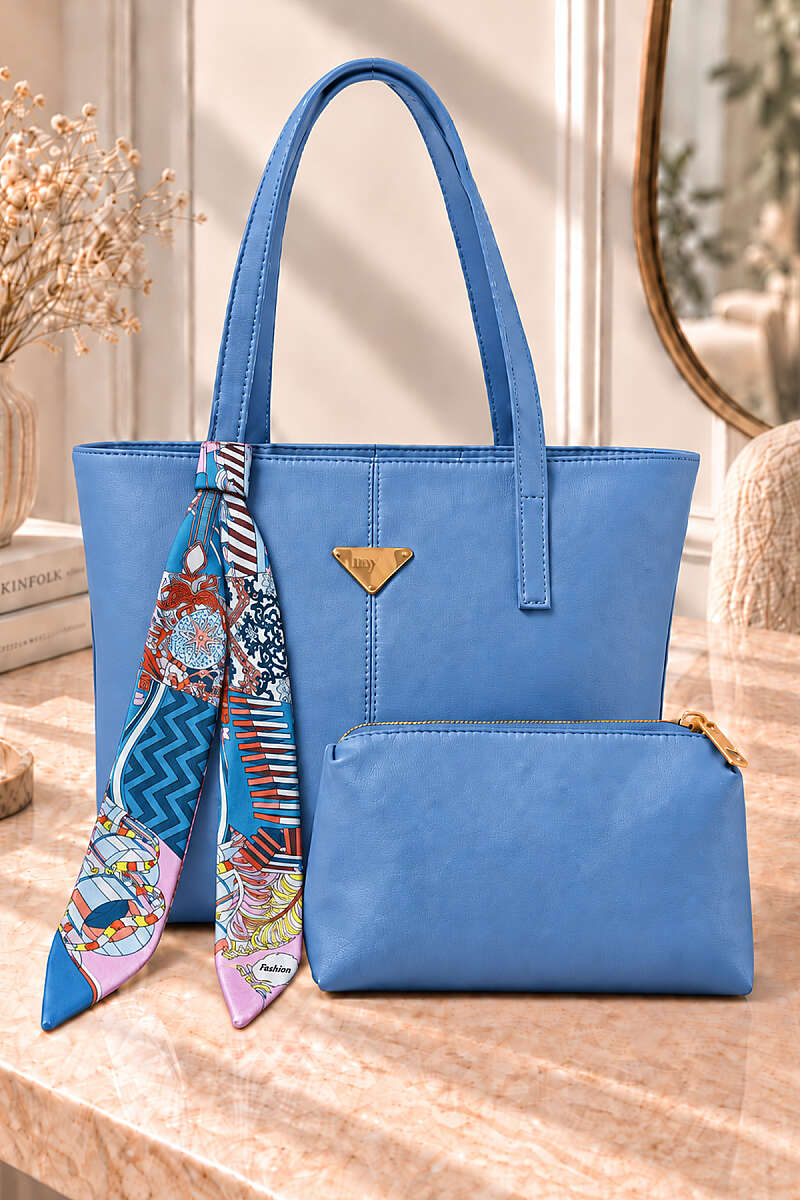 Shoulder Bag with Triangle Accessory and Makeup Pouch - Blue