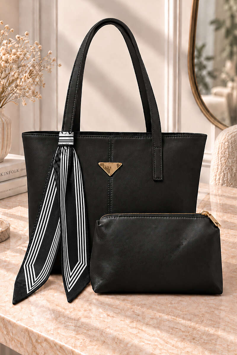 Shoulder Bag with Triangle Accessory and Makeup Pouch - Black