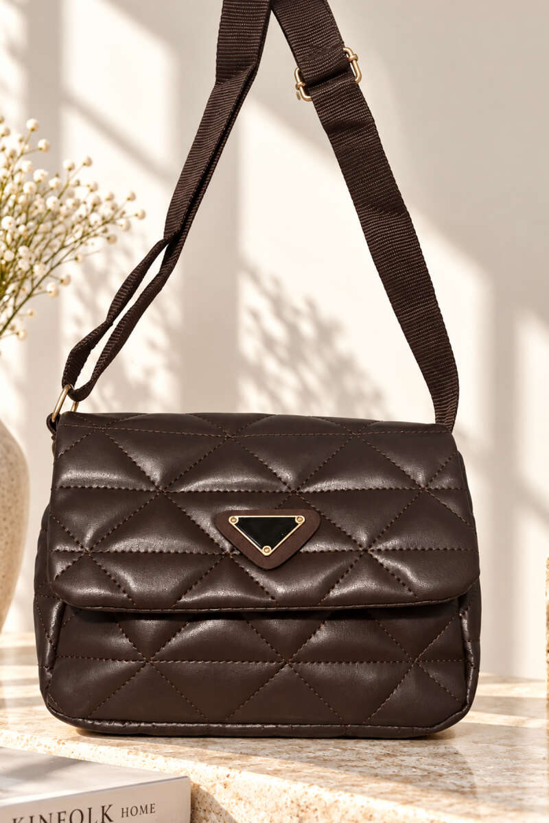 Top-Handle Bag with Triangle Badge - Dark Brown
