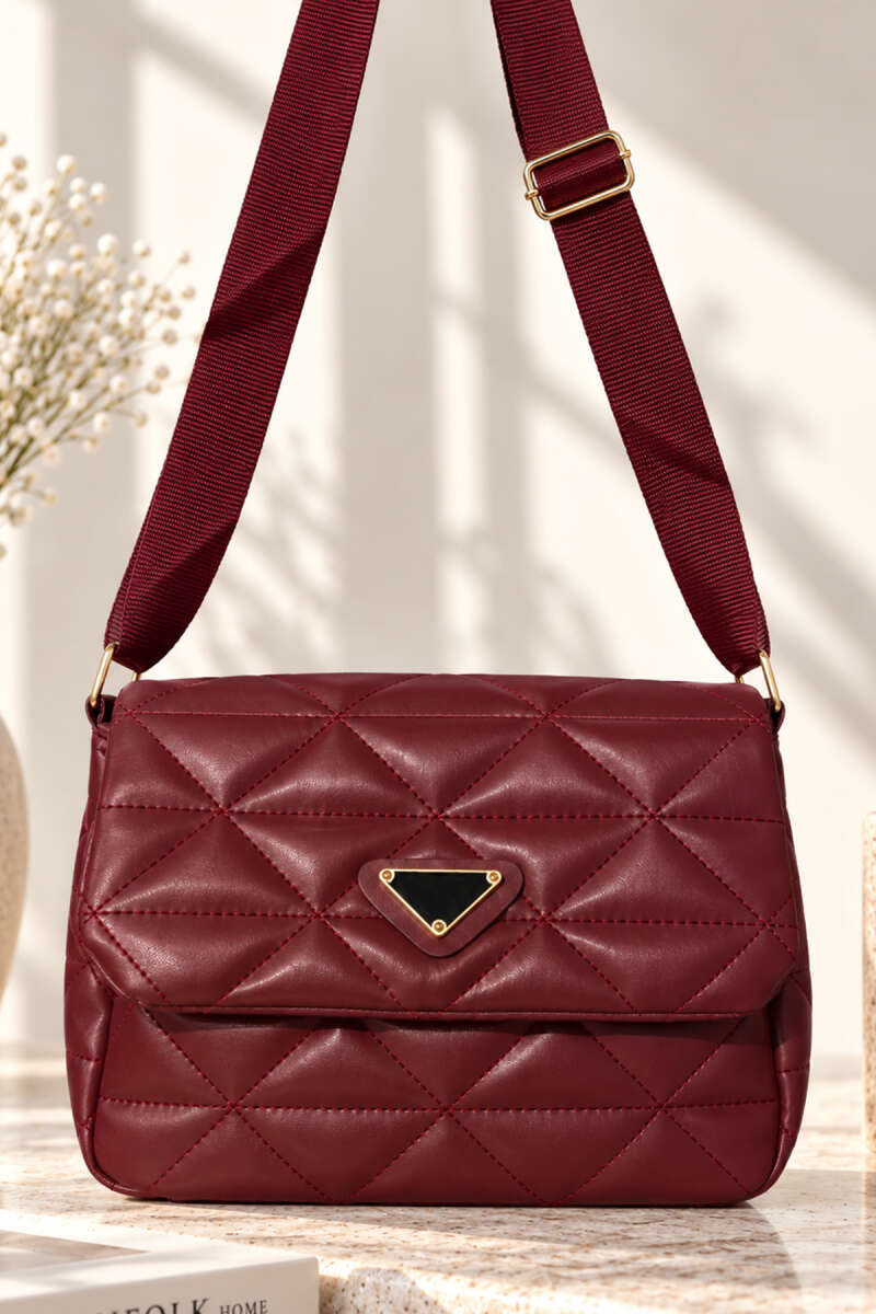 Top-Handle Bag with Triangle Badge - Burgundy