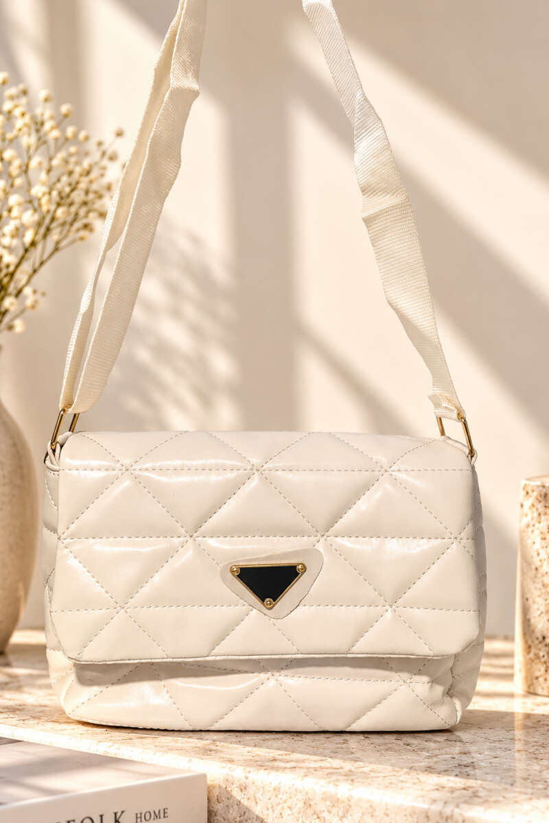 Top-Handle Bag with Triangle Badge - Bone