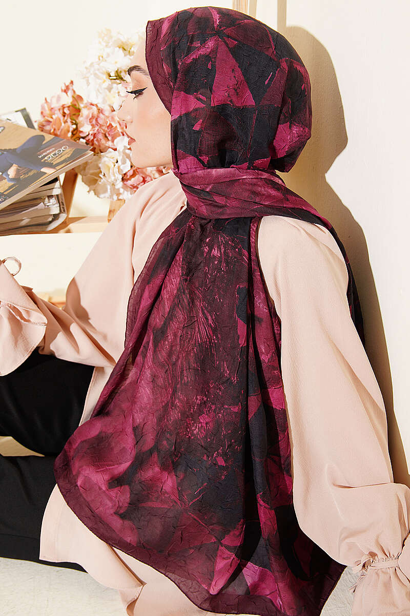 Triangle Print Bamboo Crinkle Shawl - Burgundy