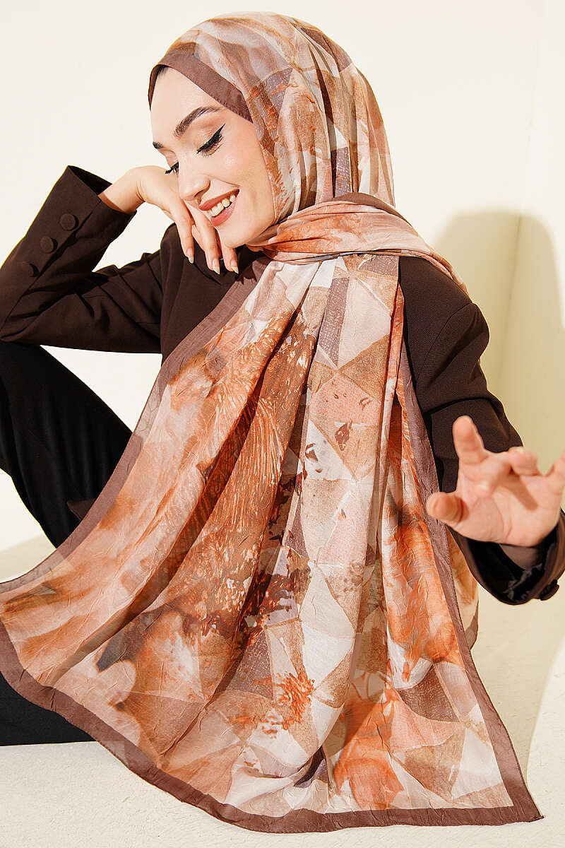 Triangle Print Bamboo Crinkle Shawl - Camel