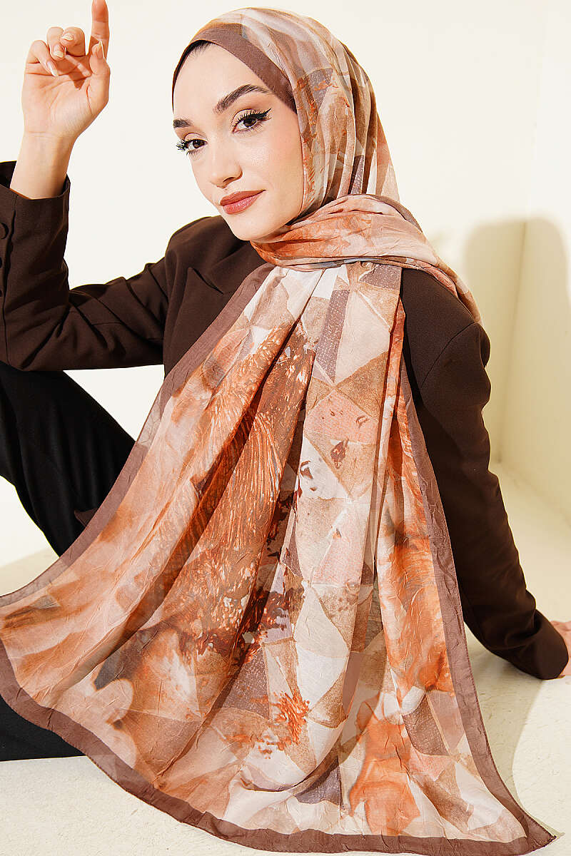 Triangle Print Bamboo Crinkle Shawl - Camel