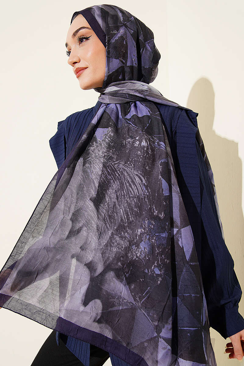 Triangle Print Bamboo Crinkle Shawl - Parliament Blue