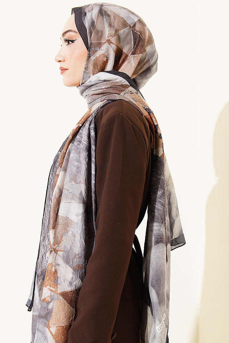 Triangle Print Bamboo Crinkle Shawl - Black-Smoke Grey