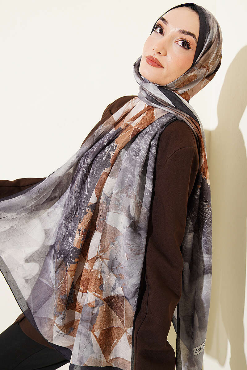 Triangle Print Bamboo Crinkle Shawl - Black-Smoke Grey